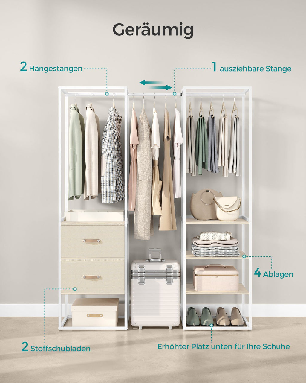 Clothing rack - with 2 drawers - natural beige
