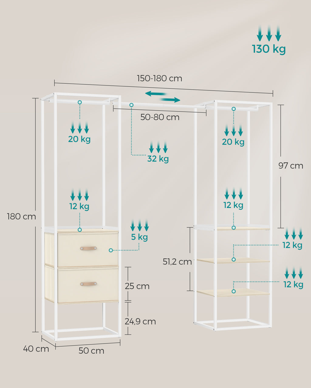 Clothing rack - with 2 drawers - natural beige