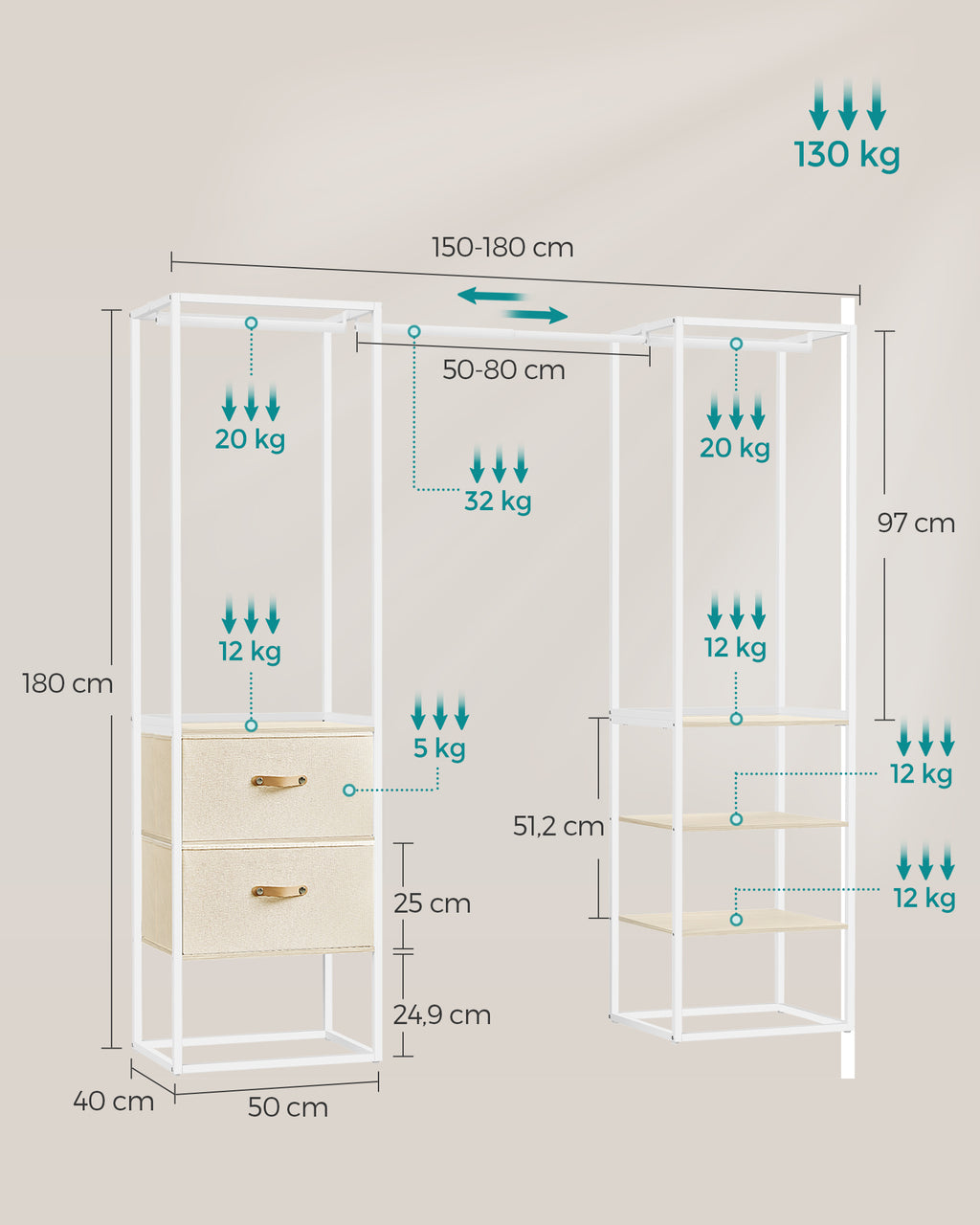 Clothing rack - with 2 drawers - natural beige
