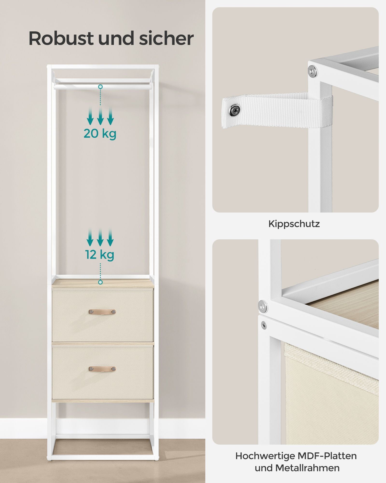Clothing rack - with 2 drawers - natural beige