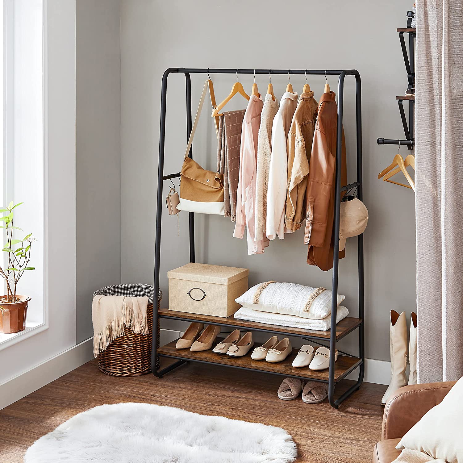 Clothing rack - Coat rack - Wardrobe - 2 shelves - Steel frame - Brown/Black