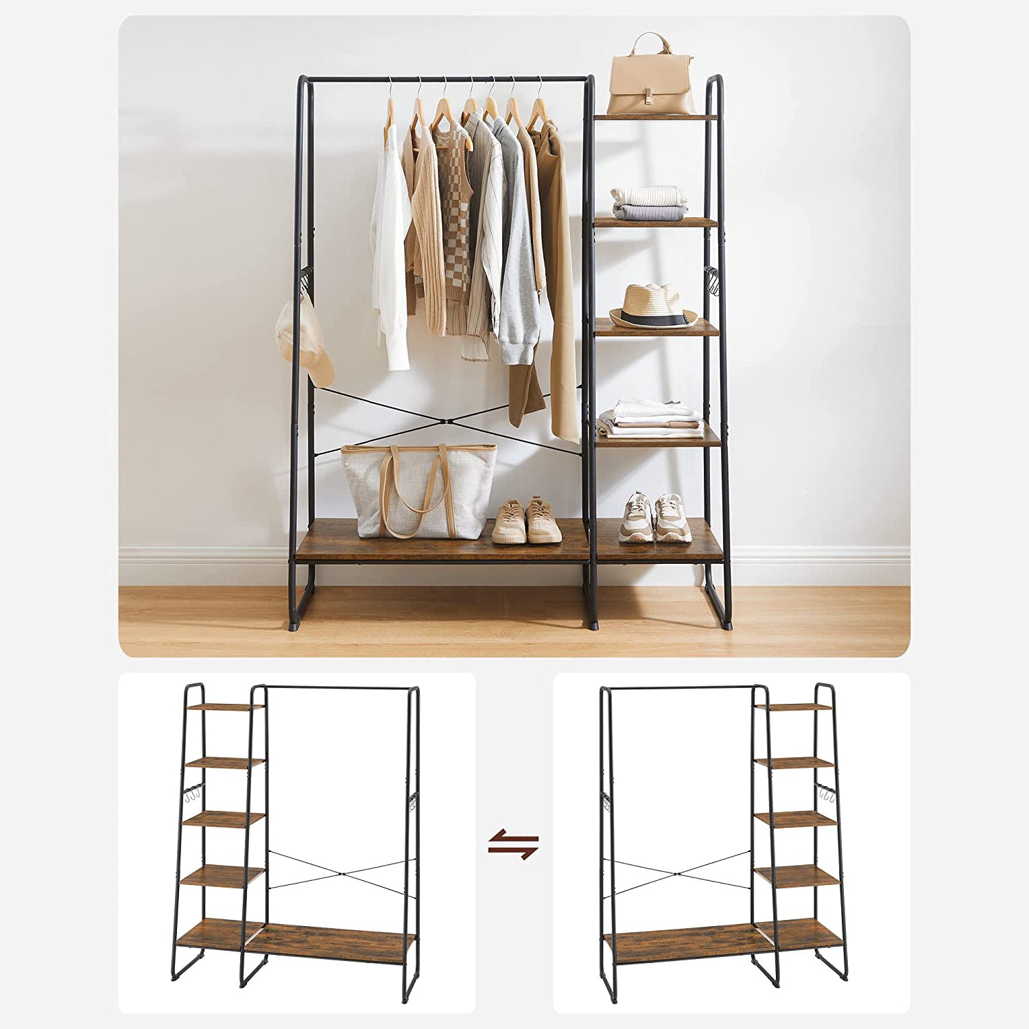 Coat rack - 5 levels - With shoe rack - 6 hooks - Clothing rod - Industrial Design - 45 x 120 x 160 cm