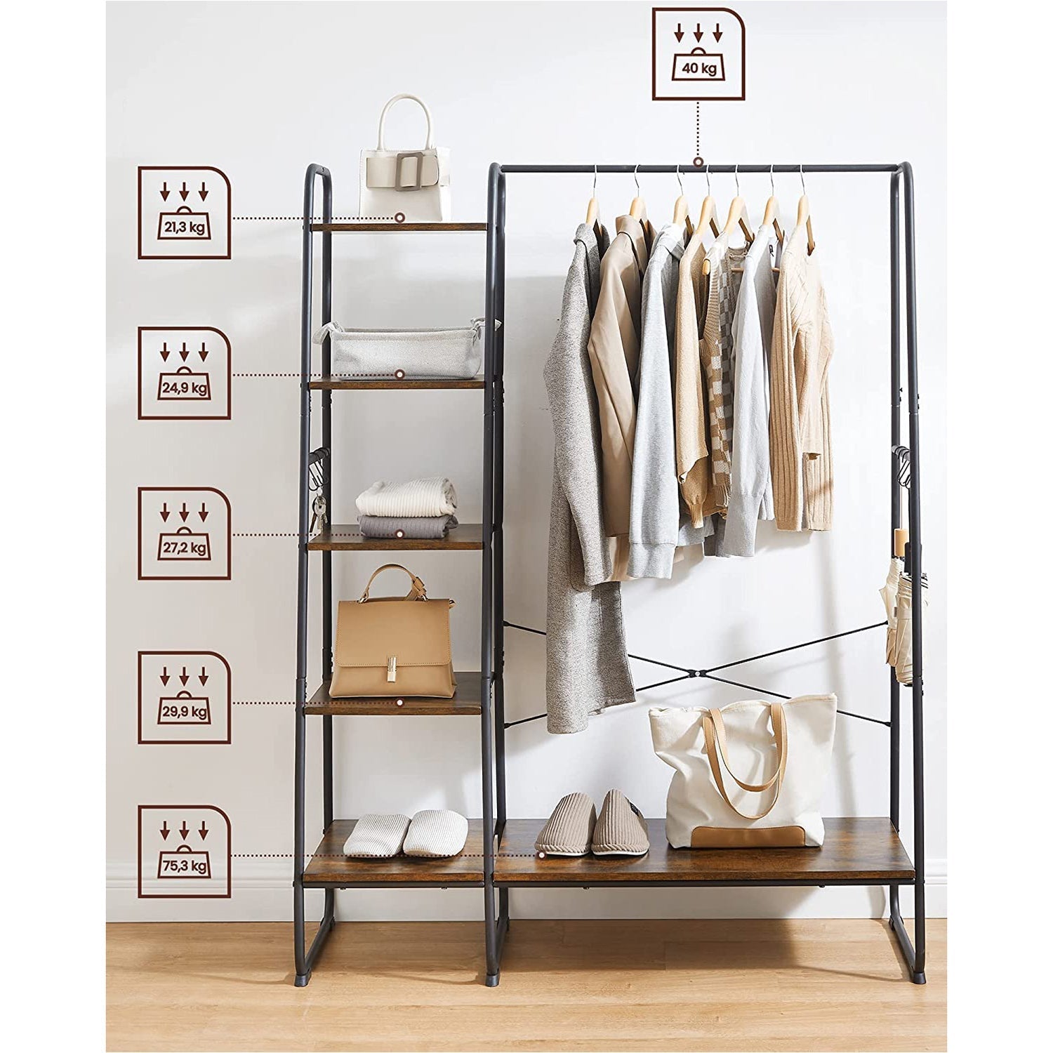 Coat rack - 5 levels - With shoe rack - 6 hooks - Clothing rod - Industrial Design - 45 x 120 x 160 cm