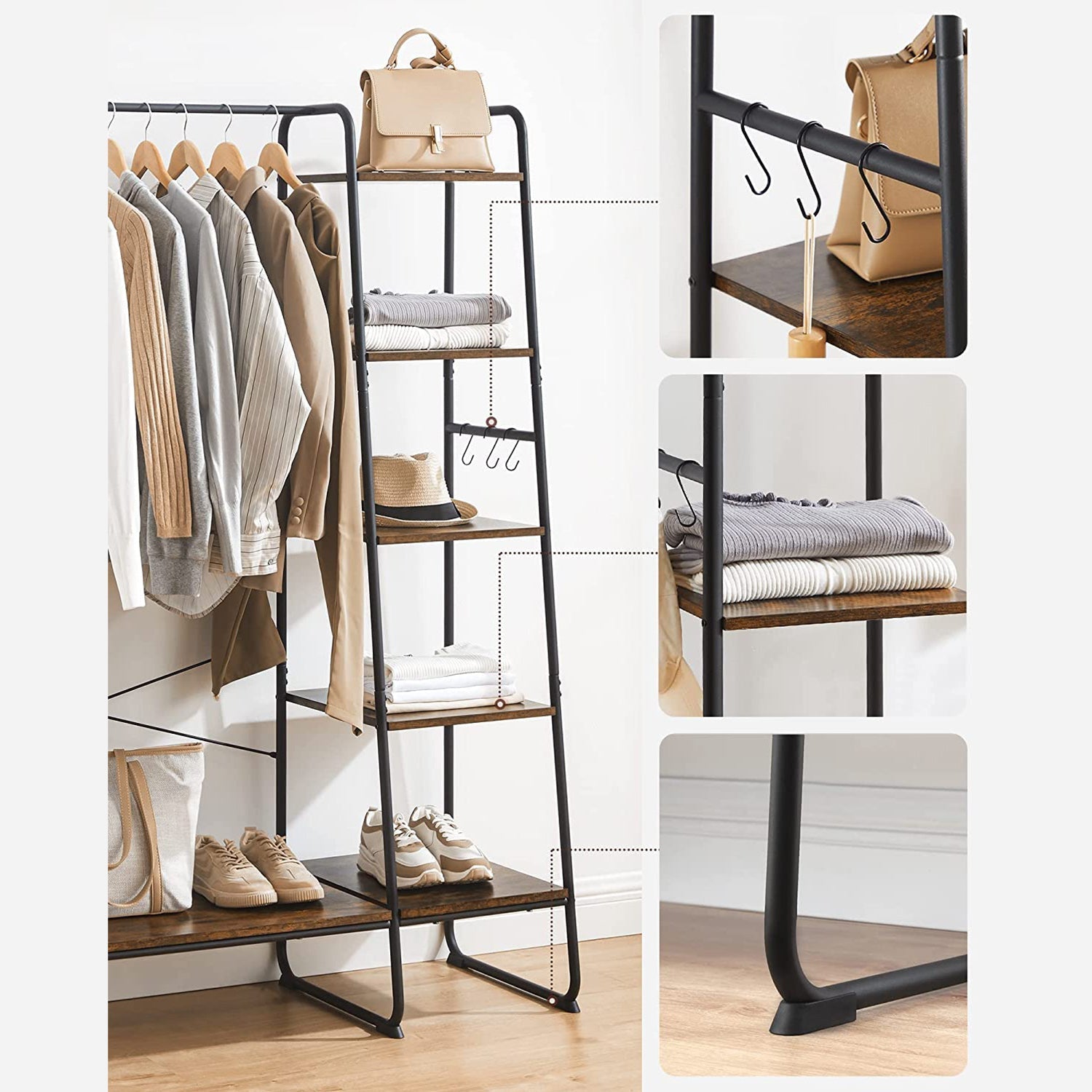 Coat rack - 5 levels - With shoe rack - 6 hooks - Clothing rod - Industrial Design - 45 x 120 x 160 cm