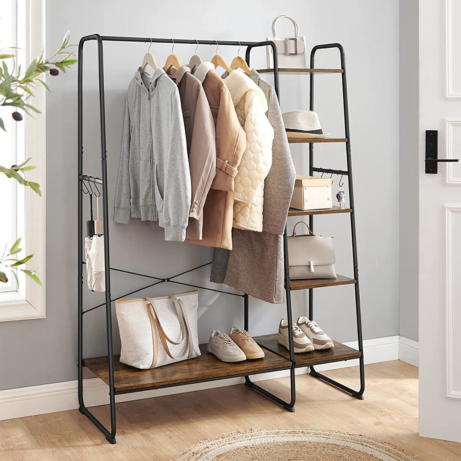 Coat rack - 5 levels - With shoe rack - 6 hooks - Clothing rod - Industrial Design - 45 x 120 x 160 cm