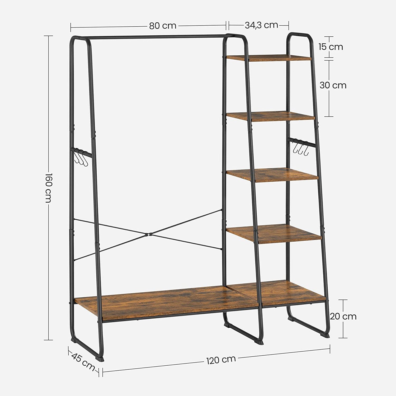 Coat rack - 5 levels - With shoe rack - 6 hooks - Clothing rod - Industrial Design - 45 x 120 x 160 cm