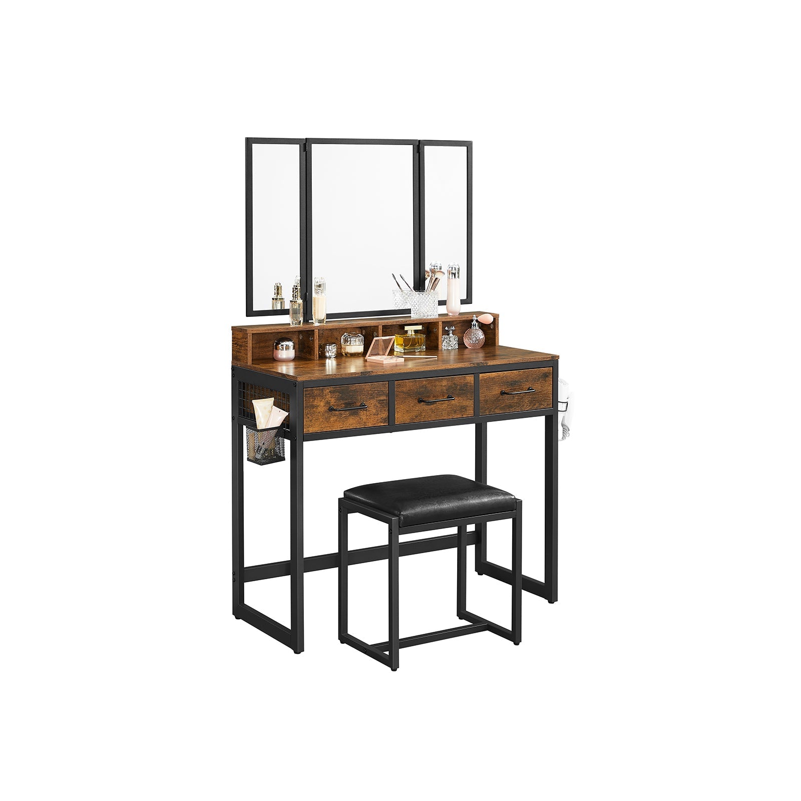 Make -up table - dressing table - Cosmetic table - 3 drawers - With mirror and stool - Brown Black
