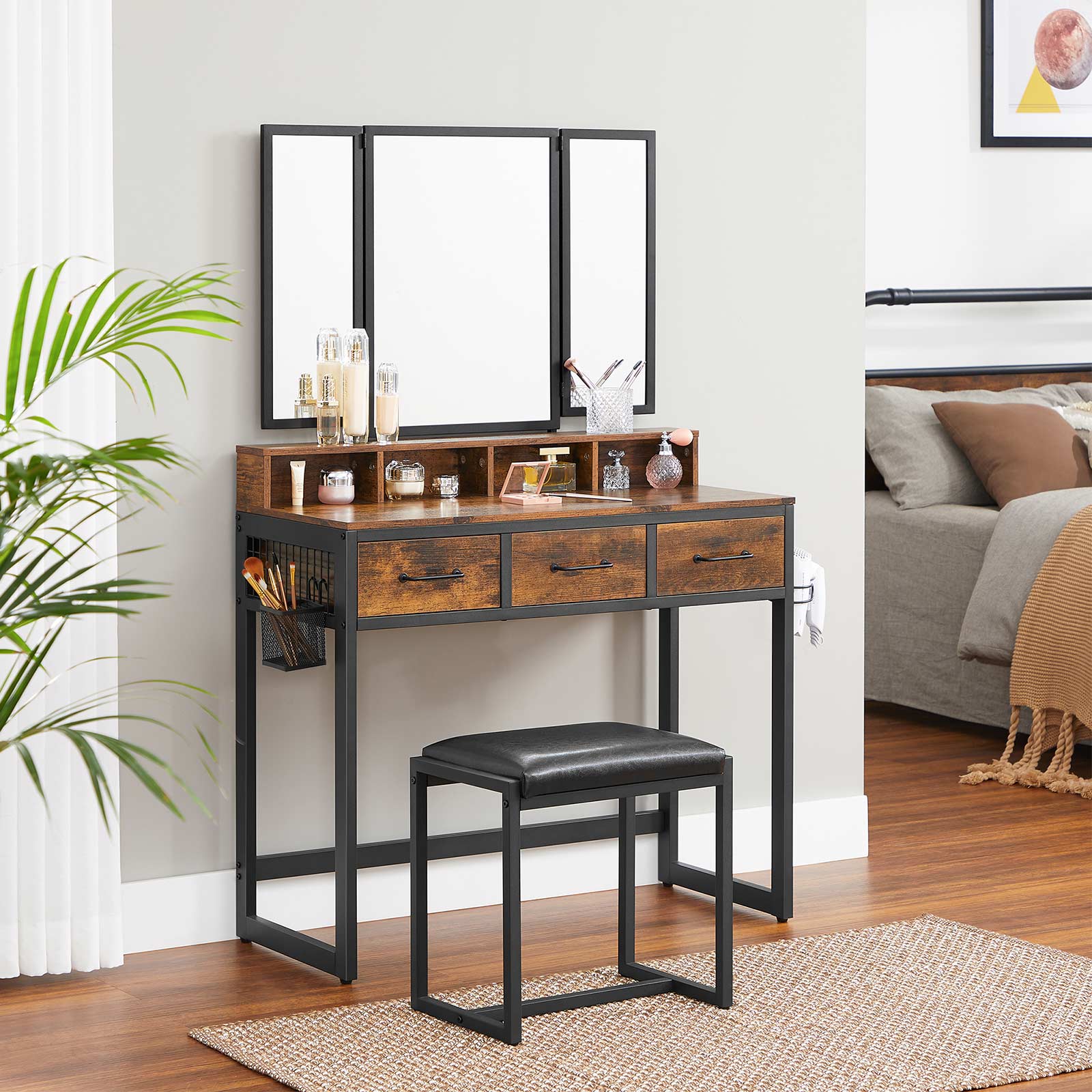 Make -up table - dressing table - Cosmetic table - 3 drawers - With mirror and stool - Brown Black