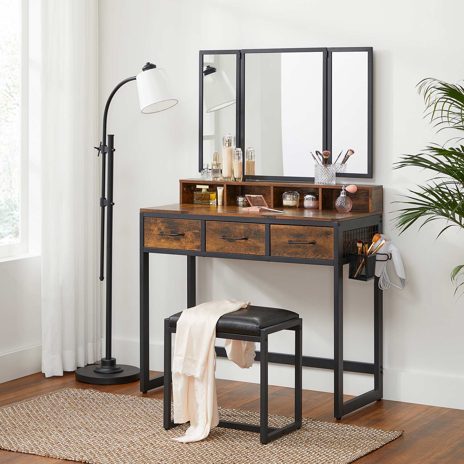 Make -up table - dressing table - Cosmetic table - 3 drawers - With mirror and stool - Brown Black