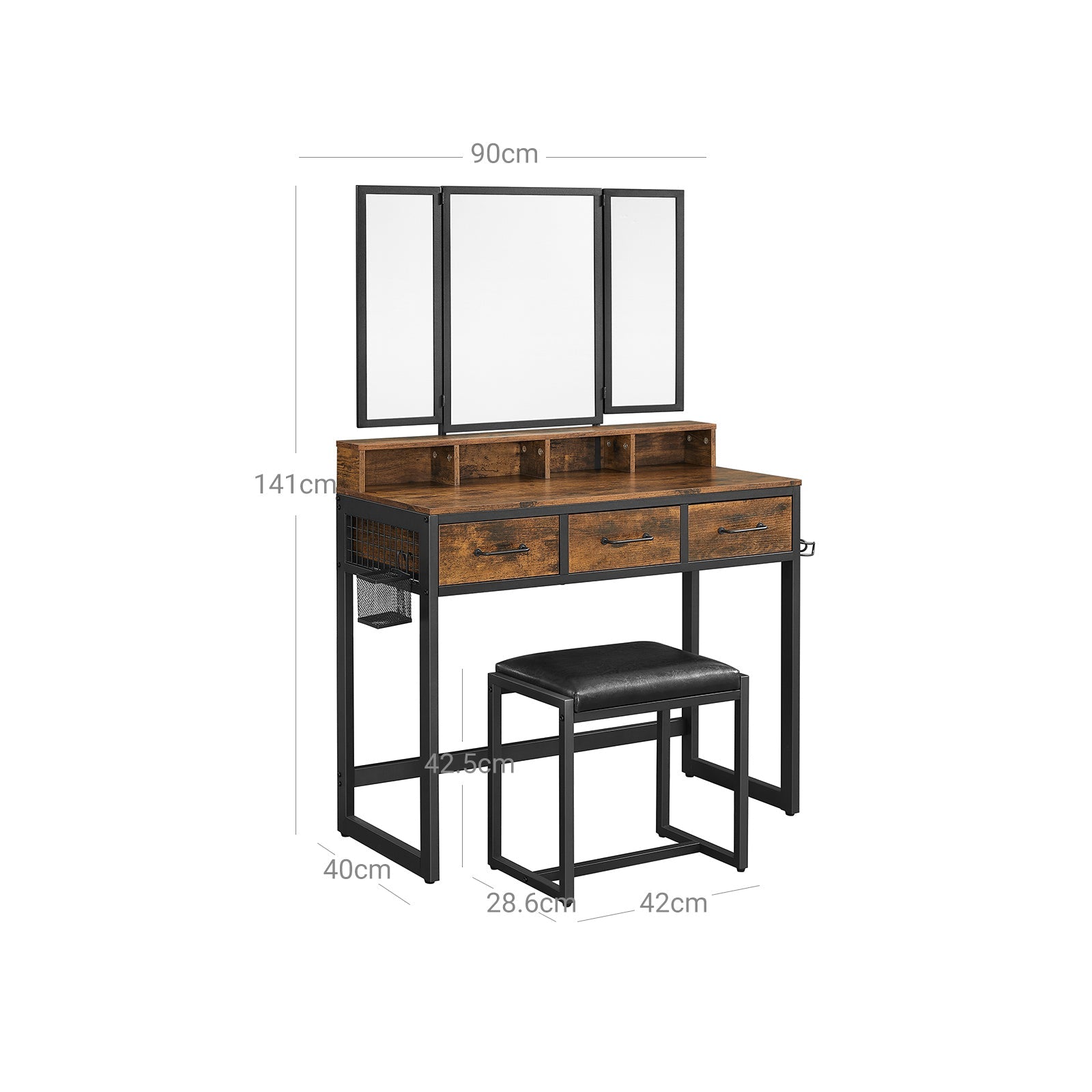 Make -up table - dressing table - Cosmetic table - 3 drawers - With mirror and stool - Brown Black