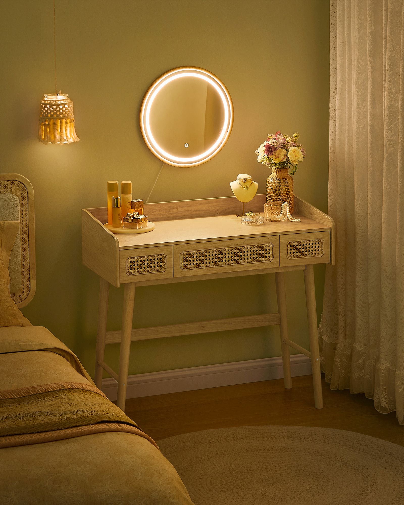 Dressing table with mirror and loading in boho style