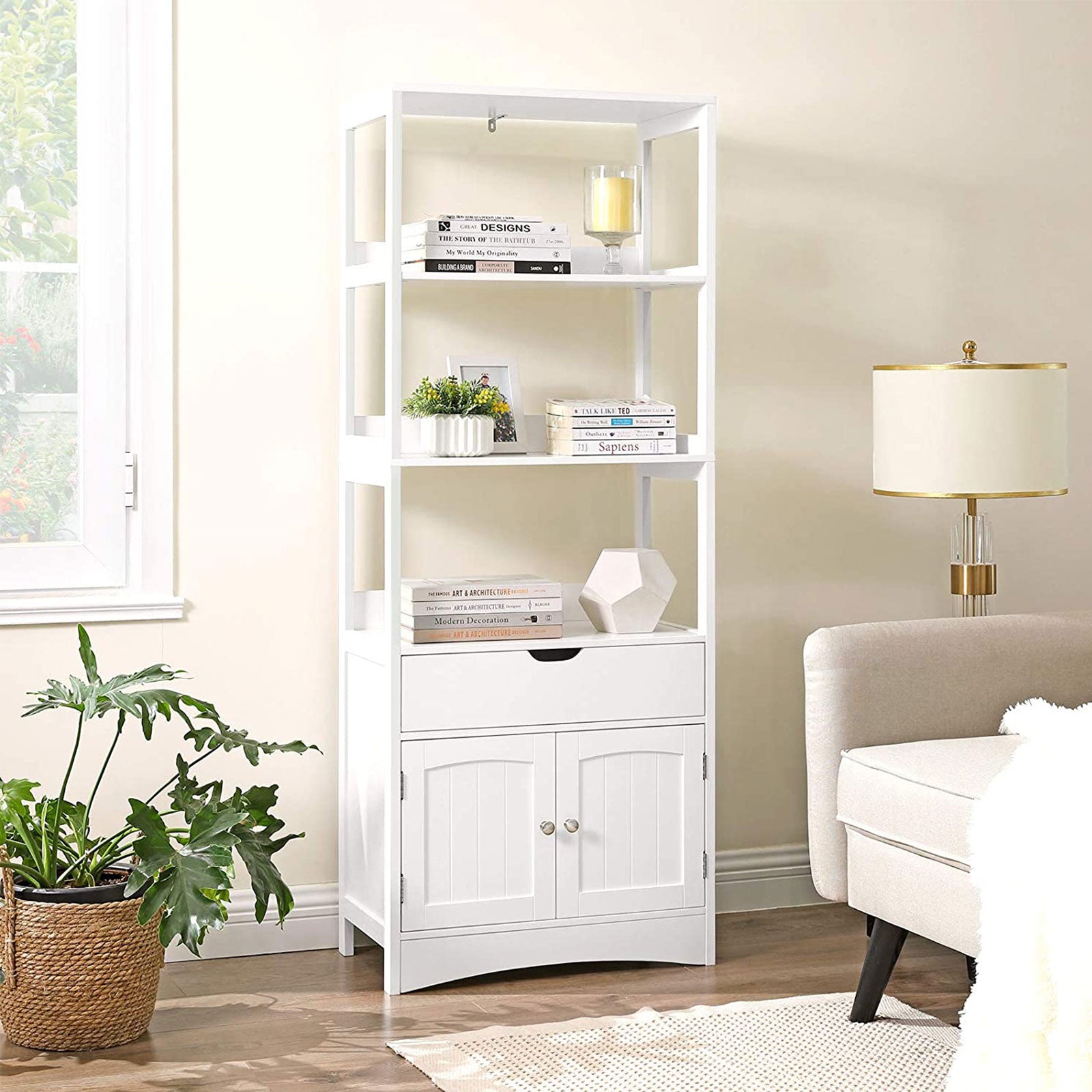 Bathroom cabinet - Detached High Cabinet - 60 x 32.5 x 154 cm - 3 open compartments - 1 drawer - 2 doors - White