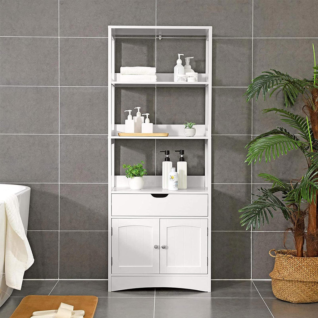 Bathroom cabinet - Detached High Cabinet - 60 x 32.5 x 154 cm - 3 open compartments - 1 drawer - 2 doors - White