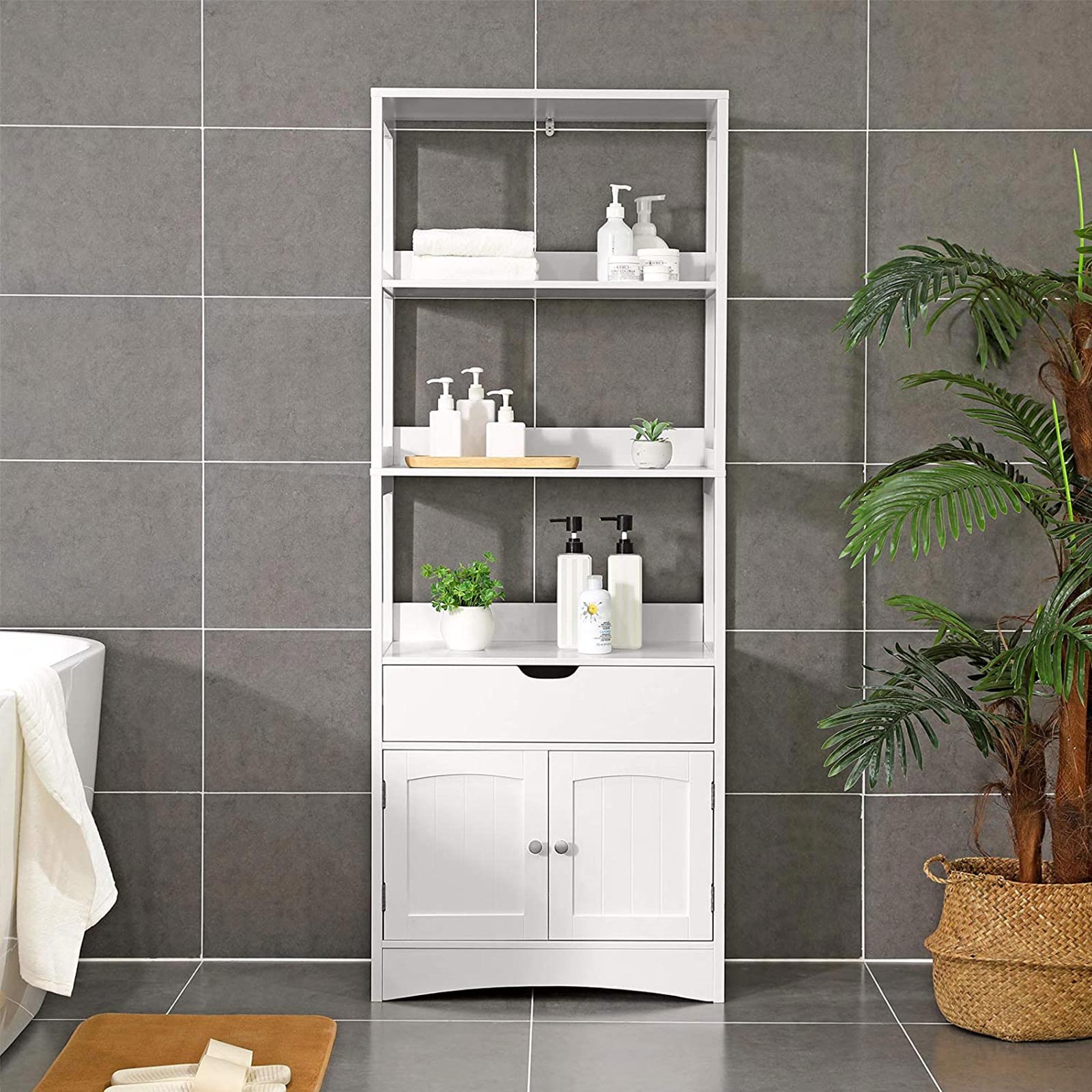 Bathroom cabinet - Detached High Cabinet - 60 x 32.5 x 154 cm - 3 open compartments - 1 drawer - 2 doors - White