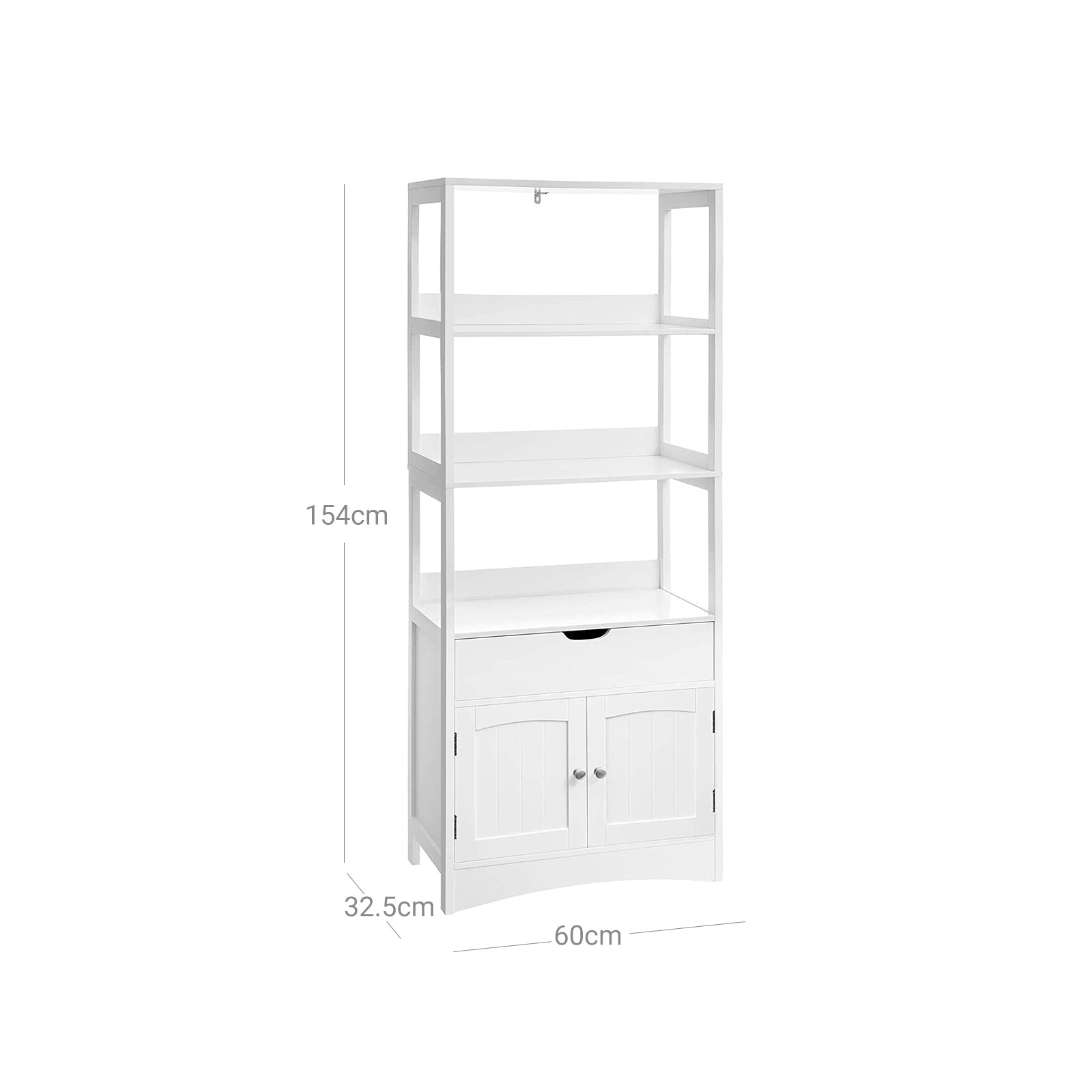 Bathroom cabinet - Detached High Cabinet - 60 x 32.5 x 154 cm - 3 open compartments - 1 drawer - 2 doors - White