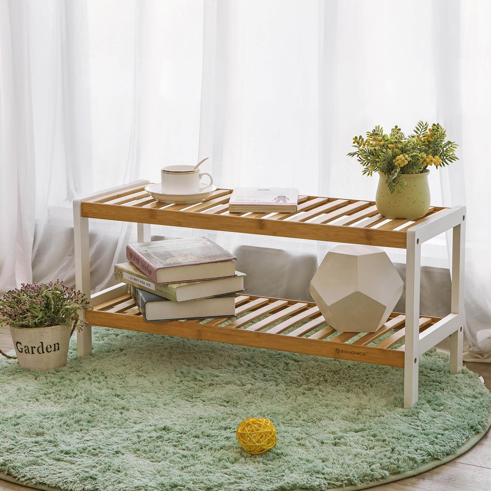 Shoe rack - bamboo - 2 levels - bathroom shelf - white/natural