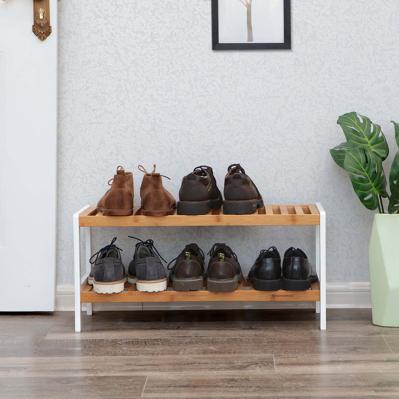 Shoe rack - bamboo - 2 levels - bathroom shelf - white/natural