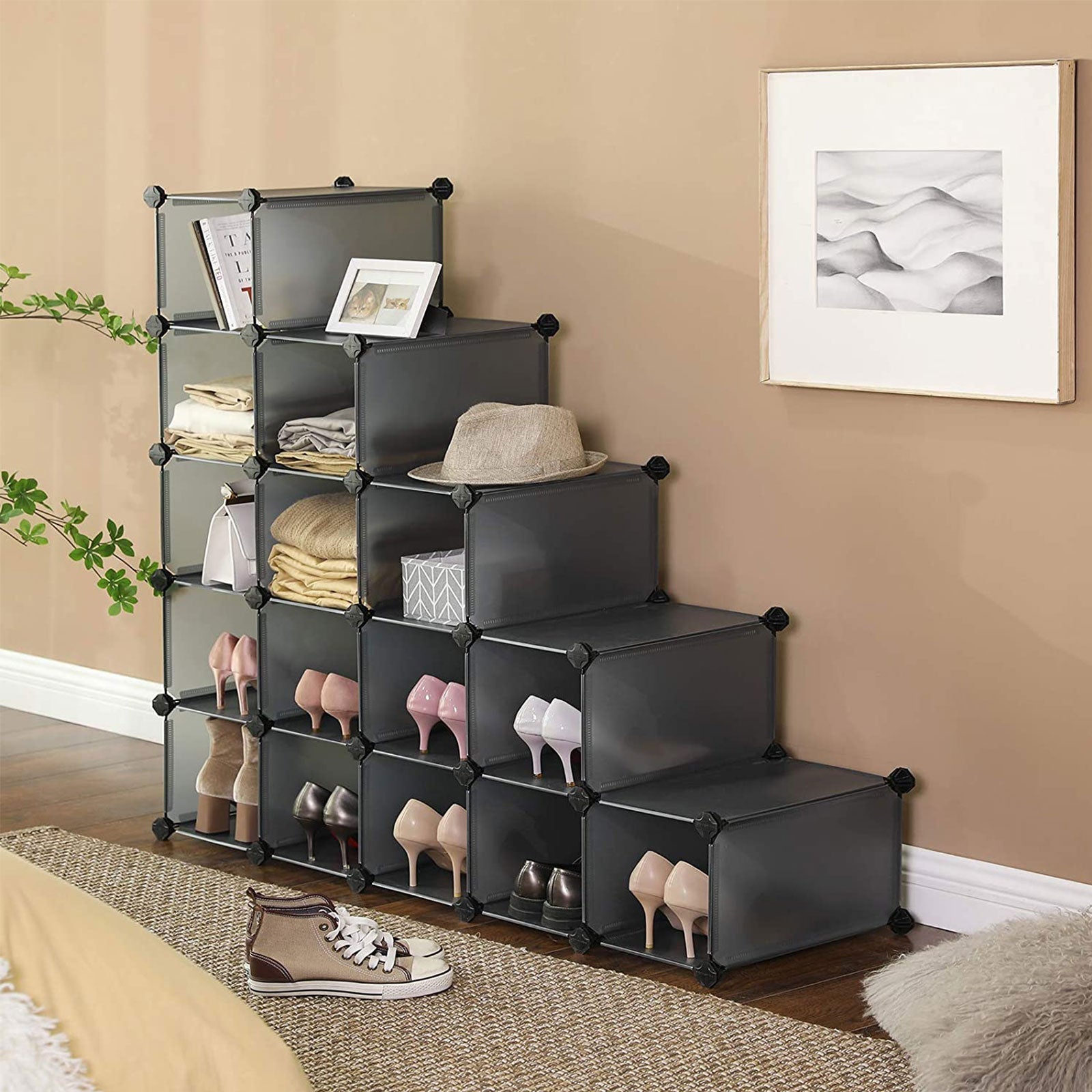 Shoe rack - Cube cabinet - With 15 compartments - Plastic - Black