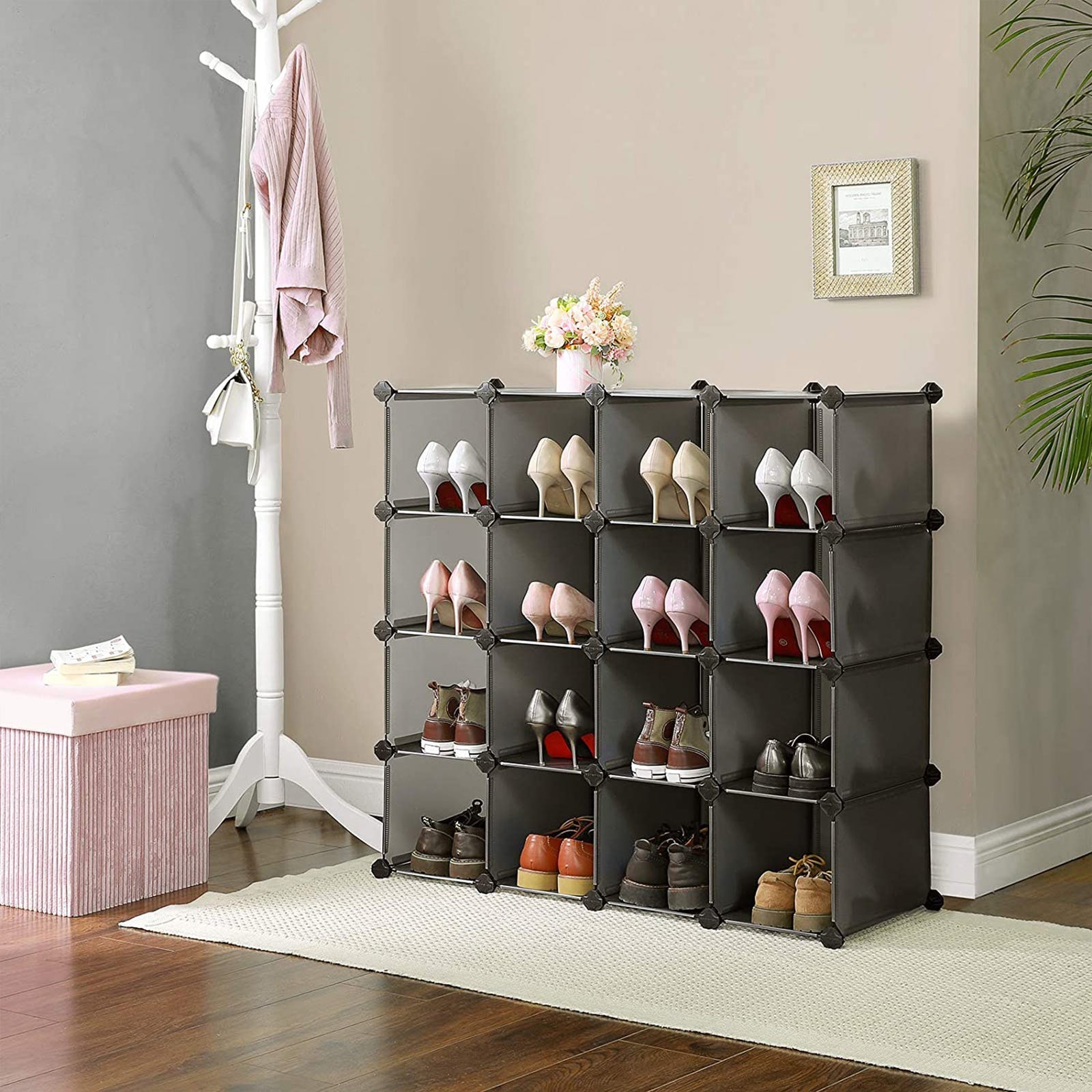 Shoe rack - Cube cabinet - With 15 compartments - Plastic - Black