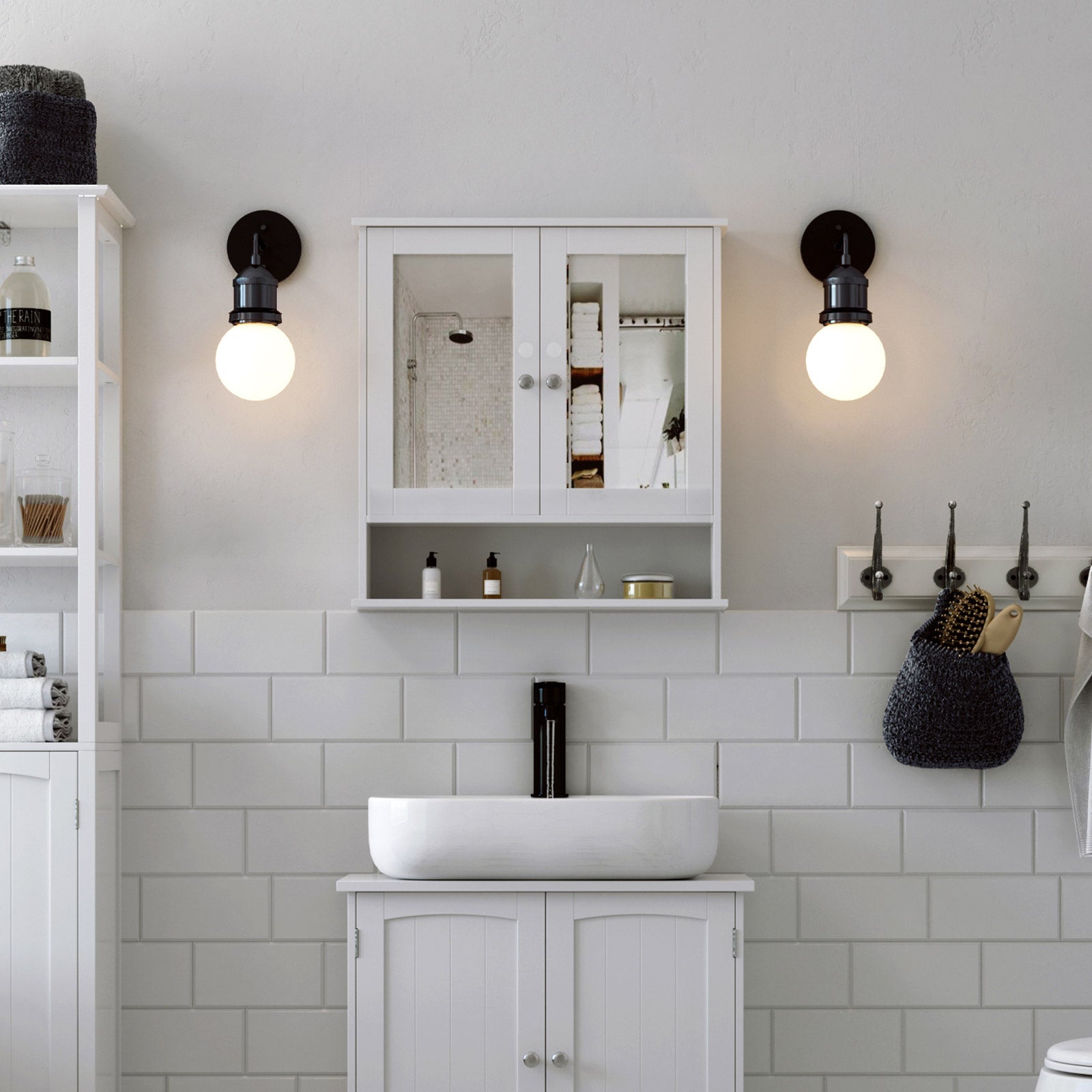 Mirror cabinet - Wall cabinet - Double door - Wood - White