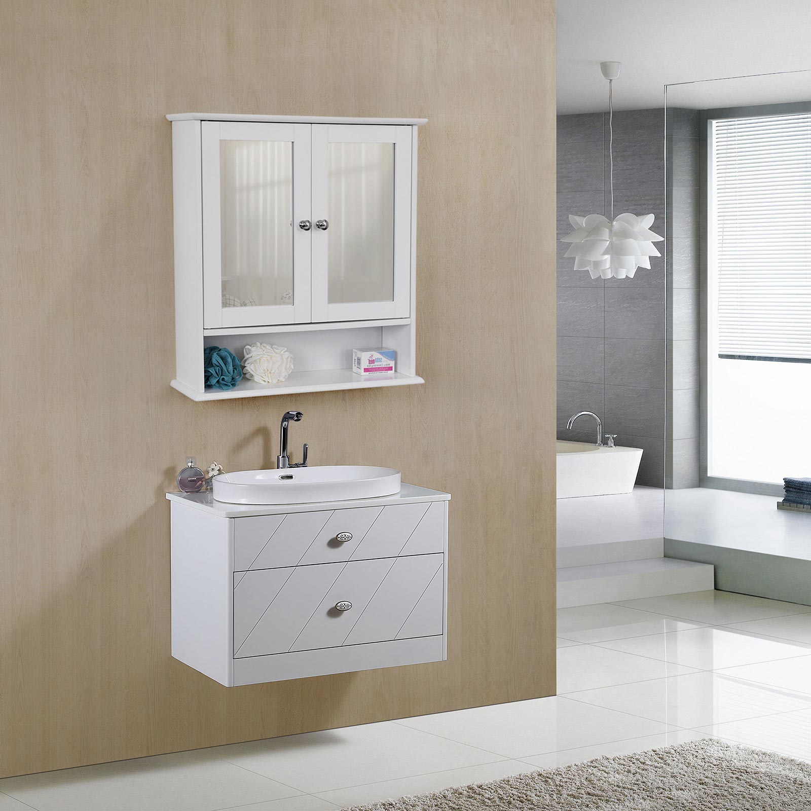 Mirror cabinet - Wall cabinet - Double door - Wood - White