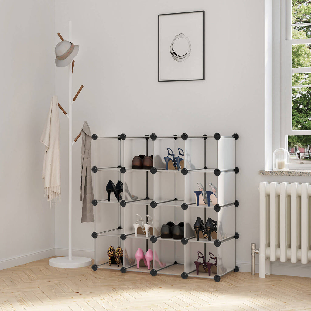 Shoe rack - plastic - with 15 compartments - shoe storage - white
