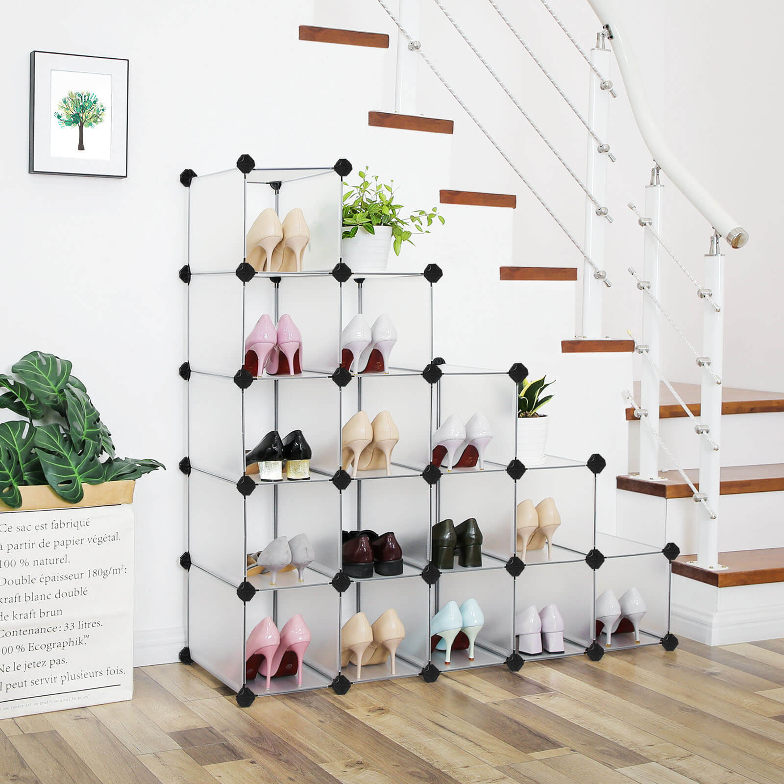 Shoe rack - plastic - with 15 compartments - shoe storage - white
