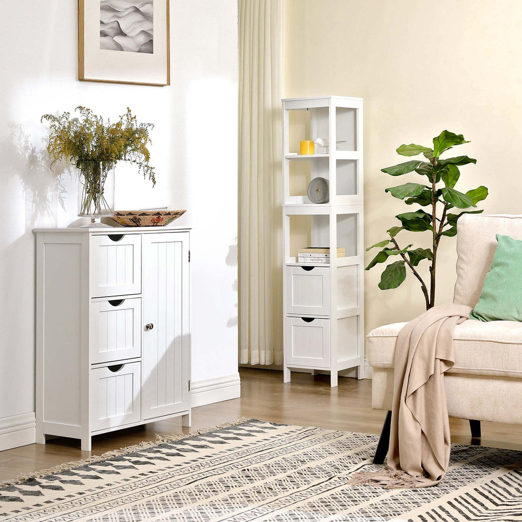 Bathroom cabinet - High cupboard with 2 drawers and 3 open compartments - 30 x 30 x 141.5 cm - White