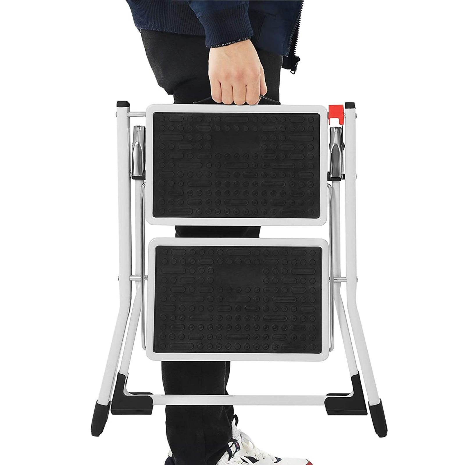Folding ladder - 2 steps - Anti -slip rubber - with handle - 150 kg load capacity - steel