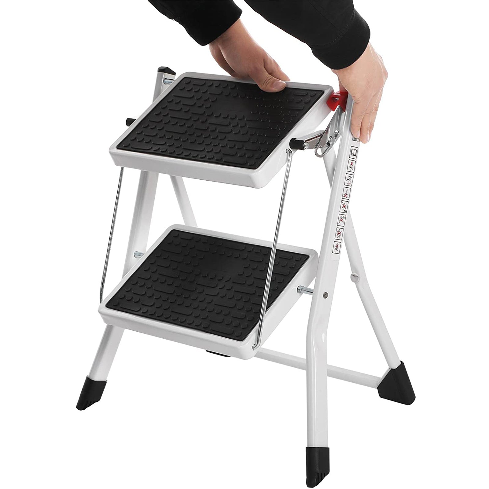 Folding ladder - 2 steps - Anti -slip rubber - with handle - 150 kg load capacity - steel