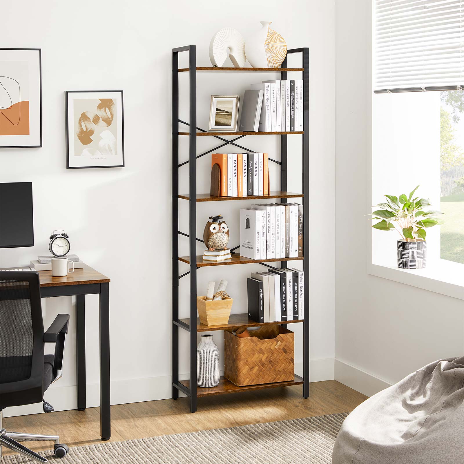 Bookcase - 6 levels - 30 x 120 x 172.5 cm - Vintage brown / black