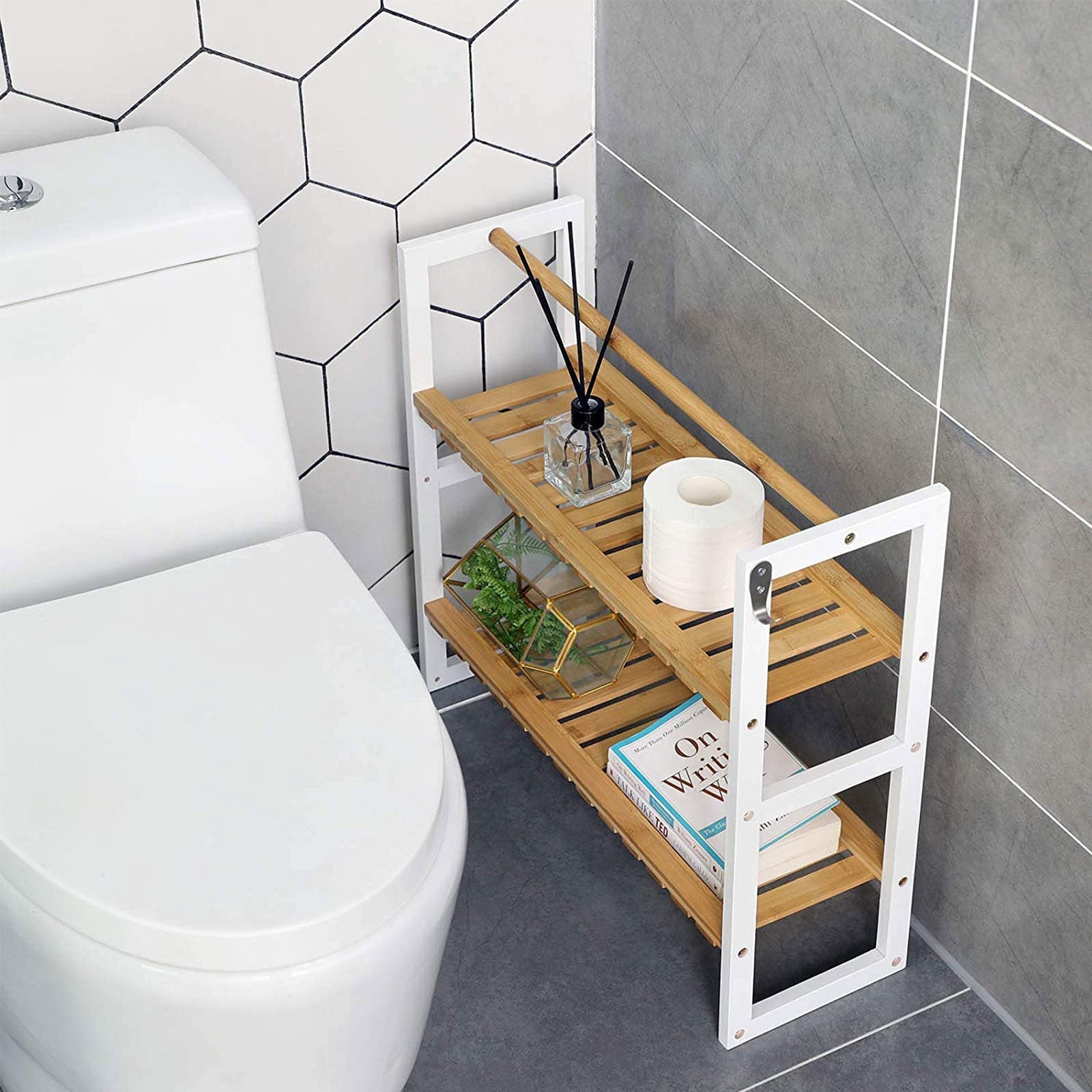 Bathroom shelf - Bamboo side cupboard with 2 shelves - Towel rack
