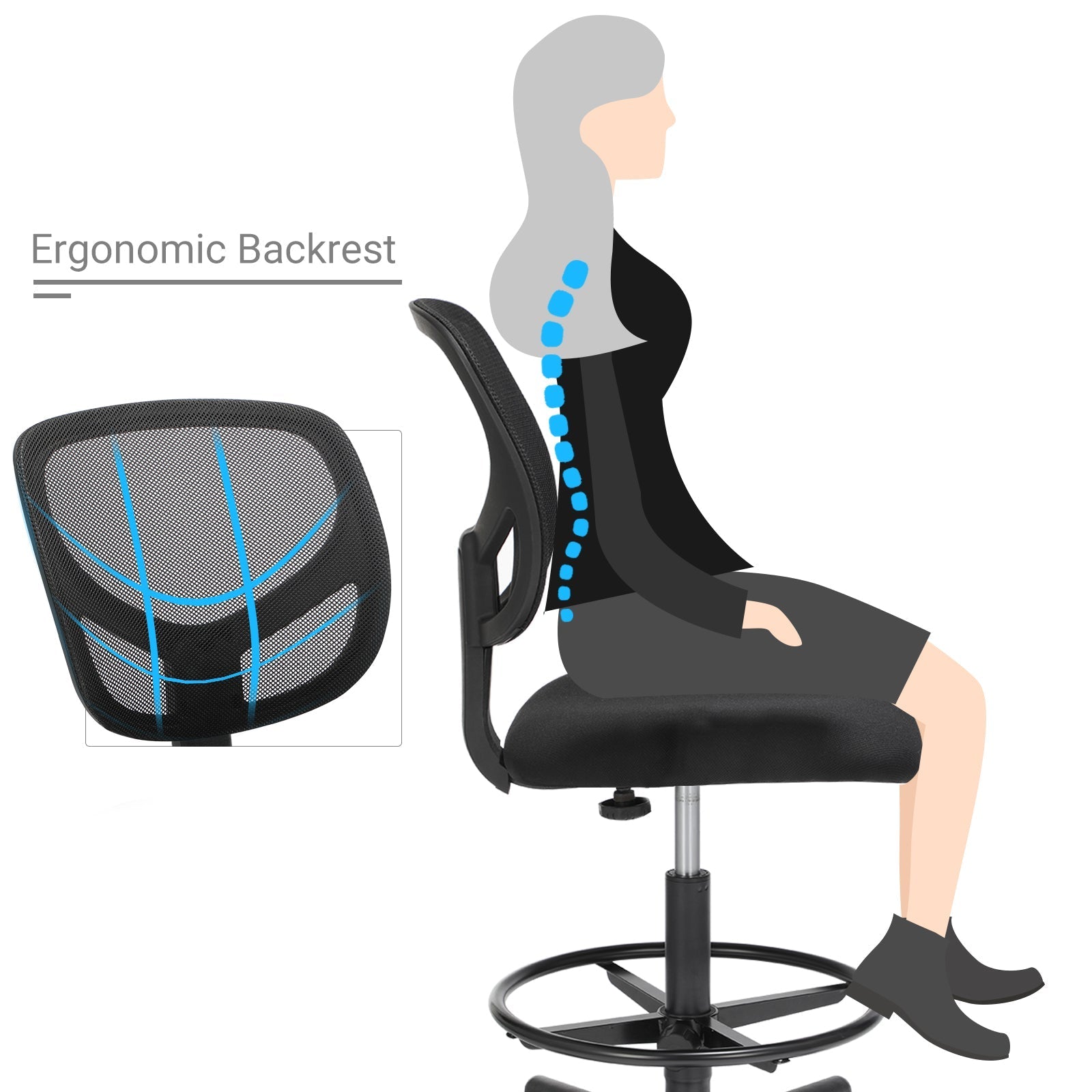 Office chair - With adjustable foot ring - Breathable Network - Black